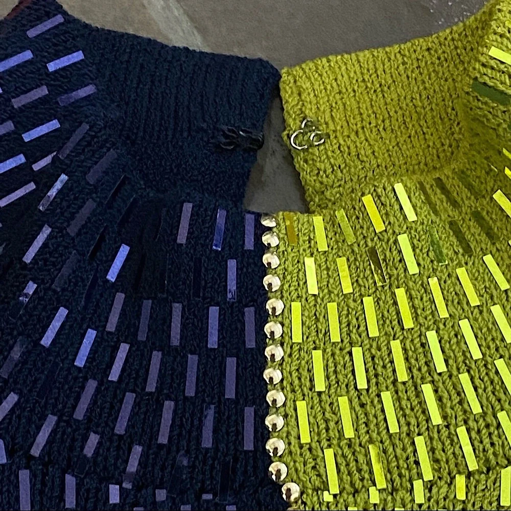 vtg St John • Santana Knit Colorblock 2 pc Skirt Set • Sequins • USA